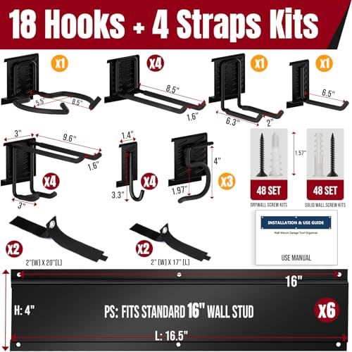 Hailivike 99" Garage Tool Organizer Wall Mount, 28 Pack Heavy Duty Wall Mount Garage Storage Rack Carries1000 lbs, Metal Wall Mount Tool Hanger for Shovels, Rakes, Fits 16" Wall Studs (6 Panels)