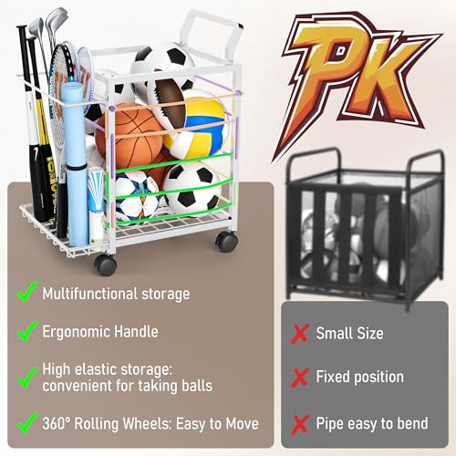 DUDUXI Sports Equipment Garage Organizer,Garage Ball Storage Rack for Sports with Wheels-Upgraded Sports Organizer Rack Outdoor Basketball Racks for Balls with Holder and Hooks (White)