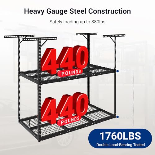 FLEXIMOUNTS 3x6 2-Tier Overhead Garage Storage Rack – Adjustable Heavy Duty Metal Garage Ceiling Storage Racks, 880 lbs Capacity – Garages Organization System for 9–15 ft Tall Garages, Black