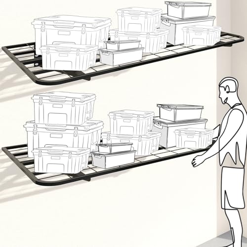 2-Pack 2x4ft Garage Wall Shelving, 2 Shelf Total 8 ft(L) Garage Shelving Wall Mounted – Heavy-Duty Storage Shelves, Perfect for Holding Storage Bins, Sporting Goods, Tools, and More Space-Saving