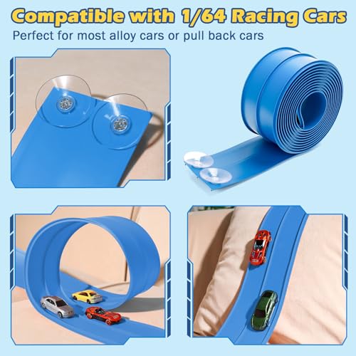 INKZOO Flex Tracks 15 Ft Starter Set Flexible Race Track for Kids 3+, Flexible Car Track Race Car Ramp Track Compatible with Diecast 1/64th Cars, Portable Rolls Up Race Tracks with Strong Suction Cups