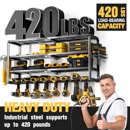 YYR 4 Layer Power Tool Organizer Wall Mount, Cordless Drill Hanger Storage Rack, Battery Tools Holder with Charging Station Shelf for Garage Organization, Workshop, Pegboard, Shed - 32 Inch 8 Slots