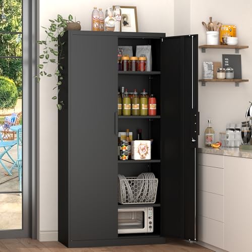 GREATMEET Metal Garage Storage Cabinets, 72" H Locking Garage Cabinets with 2 Doors and 4 Shelves, Utility Cabinet for Office, Garage, Home, Gym, School, Black
