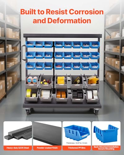 VEVOR 5-Tier Double-Sided Rolling Bin Storage Rack, 68 Plastic Bins, Dual-Sided Parts Organizer with Wheels, Mobile Tool Organizer for Garage, Warehouse, Office, Restaurant, Classroom, Kitchen