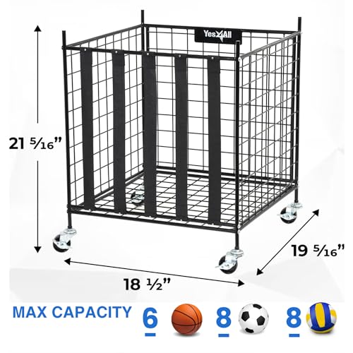 YES4ALL Metal Rolling Sports Ball Storage Cart with Lockable Wheels – Heavy-Duty Basketball, Football & Volleyball Holder for Garage, Gym or School – Large Equipment Organizer with Easy-Access Elastic Bands