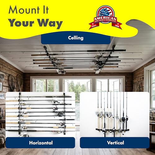 Rush Creek Creations | Fishing Rod Holder, Garage Organization and Wall Storage, for Reels, Gear and Accessories (Vertical/Horizontal Rack)
