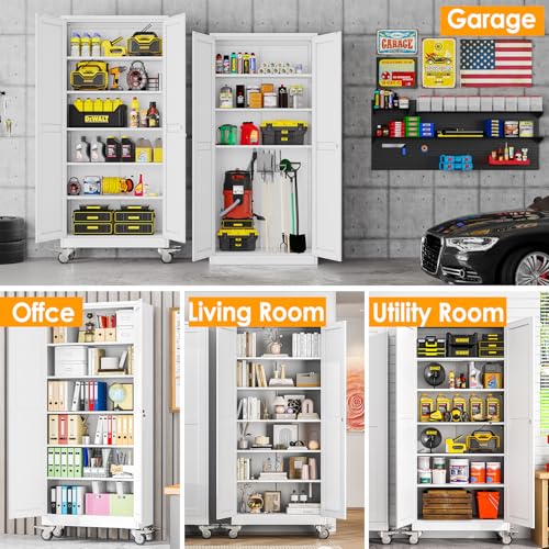 PAOFIN 75''H Metal Garage Storage Cabinet with Wheels,Steel File Cabinets with 2 Doors and 5 Adjustable Shelves for Home Office, Warehouse, Required Assembly,White