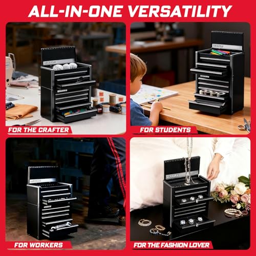 Geinxurn 8-Drawer Rolling Black Tool Box, Heavy Duty Micro Roll Cab Steel Stackable Tool Chest with Lockable Drawers, 2-in-1 Large & Compact Combo Set (3-Drawer + 5-Drawer) for Garage, Workshop