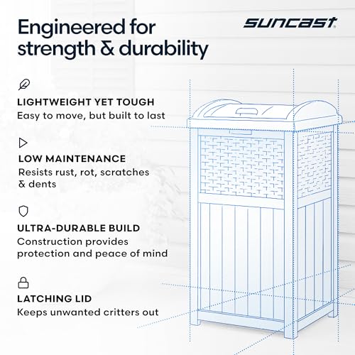Suncast 33 Gallon Commercial Outdoor Trashcan Hideaway with Lid for 30 to 33 Gallon Trash Bags for Garage, Backyard, or Garden, Brown