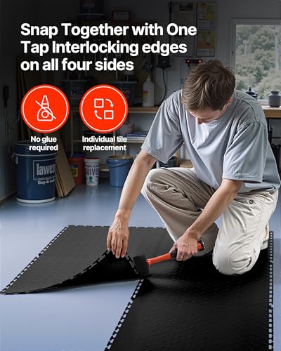 VEVOR Garage Floor Tiles 20.2 x 20.2 x 0.2 inch, Interlocking Ease of Installation Diamond Plate Slip-Resistant Texture Non-Slip Sturdiness, for Garages, Warehouse, Tool Room, Black, 8 Pack