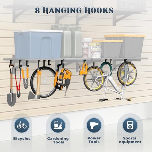 Jusgym 4-Pack 2x3ft Garage Shelving Wall Mounted, 2' x 3' Heavy Duty Garage Storage Shelves with Hooks, 1000LB Capacity