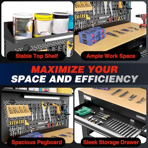 WORKPRO 45" Garage Workbench with Storage, Heavy-Duty Workbench with Pegboard, Power Outlets and Light, 800 LBS Work Bench for Garage, Warehouse, Workshop, Repair Shop