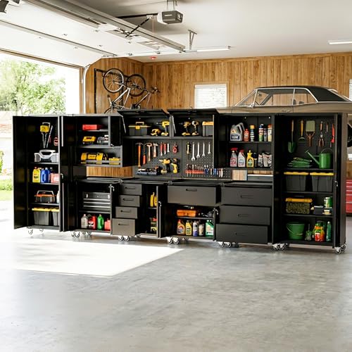 VIYET 10-Piece Heavy Duty Steel Garage Cabinet System | All-in-One Modular Garage Cabinet Set for Ultimate Workshop Organization | Easy Assembly Garage Storage Cabinets & Tool Bench (Black)