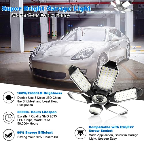 POLARPRA Garage Lights - 2Pack Super Bright 32000LM LED Garage Ceiling Light 6500K LED Shop Light w/ 6 Deformable Panels Screw in E26/E27 Socket Light Bulbs for Workshop Storage Warehouse Attic