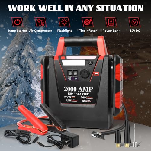 Jump Starter with Air Compressor,2000A Car Battery Jumper Starter 260 PSI Tire Inflator,6 in 1 Auto Lead-Acid Battery Booster Jump Starter for Up to 10.0L Gas or 8.0L Diesel with LED Light