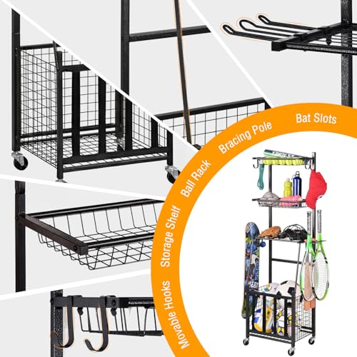 PLKOW Alloy Steel Sports Equipment Storage, Indoor/Outdoor Sports Rack, Ball Storage Organizer with Basket and Hooks For Toy/Sports Gear for Garage