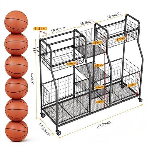 LUMAMU Garage Sports Equipment Organizer, Ball Storage Rack, Garage Organizer System, Indoor/Outdoor Sports Rack, Sports Gear Storage Rack for Basketballs Footballs Volleyball, Black