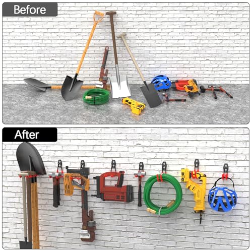 3-H Heavy Duty Garage Wall Hooks 20 Pack, Anti-Slip PVC Coating Wall Mount Garage Storage Utility Hooks, Heavy Load Organizer for Ladders, Yard Tools, Shovel, Weed Eater, Hoses & Bulk Items,Red