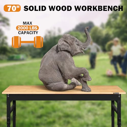 Betterhood 70" Adjustable Workbench on Wheels, 2000 LBS Heavy Duty Work Table with Power Outlets & Pegboard, Rubber Wood Workstation for Garage, Workshop, Office, Home, Commercial