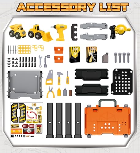 Lehoo Castle Kids Tool Bench with Electric Drill and Construction Vehicles, 2-in-1 Workbench and Toolbox for Toddlers, STEM Learning Toys for Age 3-5, Birthday Gift for Boys & Girls