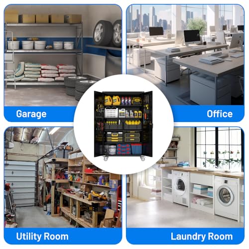 Yeeoy Wide & Deep Metal Garage Storage Cabinet with Pegboard & Adjustable Shelves, Lockable Storage Cabinet with Wheels, Tool Organization Cabinets for Office Garage Shop, 43''W x 22''D x 72''H