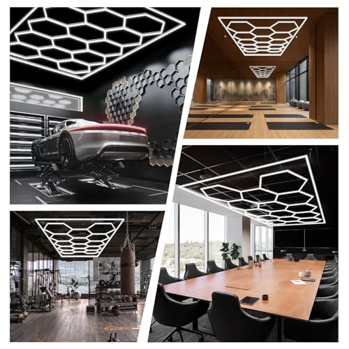 FERUERW Hexagon Garage Lights with Rectangle Frame, High Brightness 672W 86400LM 6500K, 14 Hex Grid for Garage, Shop, Basement, Car Detailing Shop etc. with Mounting Clip