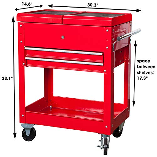 BIG RED ATC310R Torin Rolling Garage Workshop Tool Organizer: 2 Drawer Tool Chest Tray with Top Work Surface and Storage Push Cart, Red, 27.8" L x 14.6" W x 32.7" H