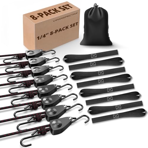 VIPARSPECTRA Ratchet Tie Down Straps, 1/4" Adjustable Rope Hangers [8 Pack, 12FT, 150 lbs/Pack], Heavy Duty Kayak Pulley System with Hooks for Garage Cargo Trucks Tents Grow Lights Various Lashing