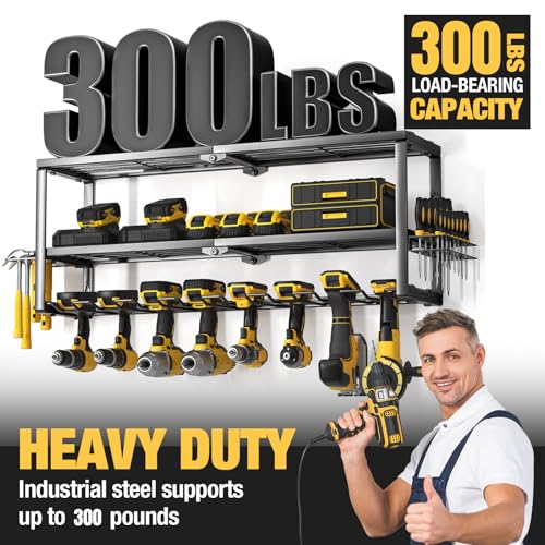 YYR Heavy Duty Power Tool Organizer Wall Mount, Cordless Drill Hanger Storage Rack, Battery Tools Holder with Charging Station Shelf for Garage Organization, Workshop, Pegboard, Shed - 32 Inch 8 Slots