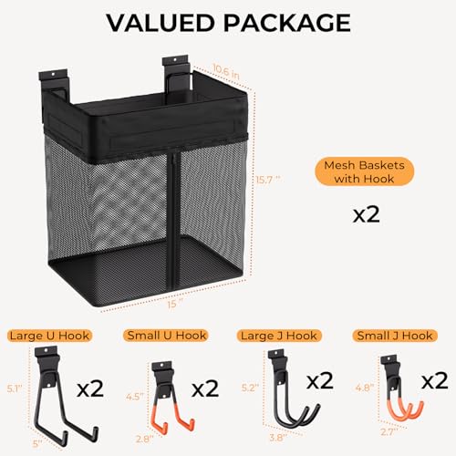 INCLY 10PCS Slatwall Accessories Kit, 2 Pack Large Mesh Slatwall Baskets with Zipper & 8PCS Heavy Duty Slat Wall Hooks, Mounted Slat Wall Accessory for Garage Home Storage & Organizing
