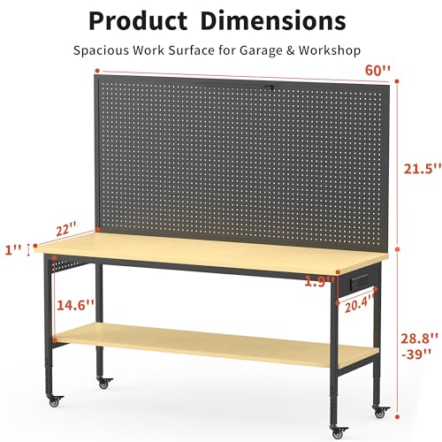 60" Adjustable Height Workbench,9-Level Heavy Duty Work Table with Storage Shelf Pegboard LED Light & Built-in Power Strip, 2010 lbs Load Capacity Rolling Tool Bench for Garage Workshop