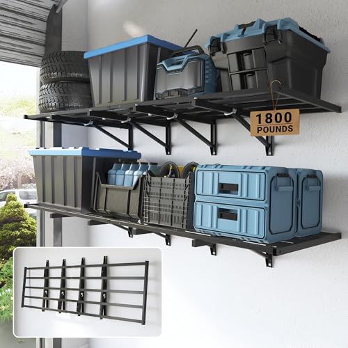 FLEXIMOUNTS Fold-Down 2x6ft Garage Wall Shelving, 2-Pack Heavy Duty Folding Garage Shelving Wall Mounted, 1800 lbs Capacity, Storage for Power Tools, Garden Supplies & Seasonal Storage, Lite Series