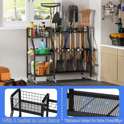 keomaisyto Garden Tool Organizer with 6 Wheels(3 lockable), Heavy Duty Yard Tool organizer with 2 Basket, Large Metal Garage Tool Organization and Storage for Garage/Shed/Yard/Broom Closet/Lawn