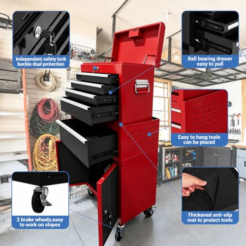 Heavy Duty 5 Drawer Tool Chest, Rolling Tool Box Cabinet on Wheels, 2-in-1 Detachable Metal Tool Storage Organizer for Garage and Workshop, Locking Steel Tool Cart with Portable Top Tool Box,Black&Red