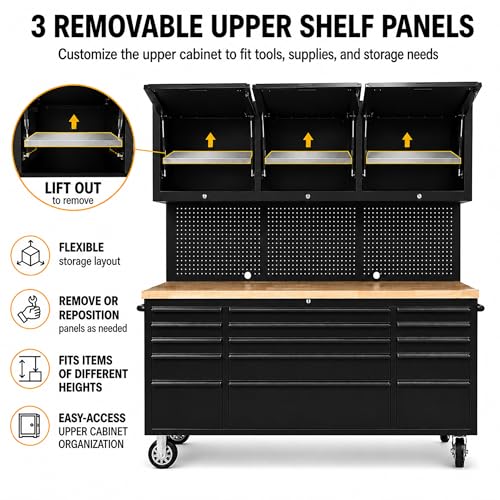 CHETTO C 72 inch Tool Chest Tool Box Mobile 15 Drawers Storage 3 Upper Cabinets SS-Pegboard Rolling Cabinet with Wheels Lock Key Locking System Drawer Liners for Garage Warehouse Repair Shop Black