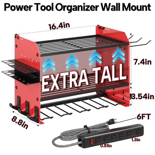 CFMASTER 3 Layer Heavy Duty Power Tool Organizer Wall Mount with Charging Station, Adjustable Metal Storage Rack, 6 Outlets Power Strip, Drill Holders, Hooks & Drill Bit Rack for Garage, Workshop, Red