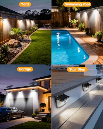 Aootek New Solar Motion Sensor Lights 120 LEDs with Lights Reflector,270° Wide Angle, IP65 Waterproof, Step Lights for Front Door, Yard, Garage, Deck (Black, Daylight White, 6-Pack)
