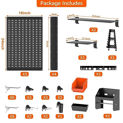 TORACK Metal Pegboard Wall Organizer 4ft Wide, Tool Storage Pegboard System for Garage with Accessories, Wall Mount Storage Bins, Shelves, Peg board Tool Organizer Kit for Workbench(Black)