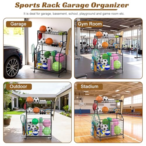 Soixehet Sports Equipment Garage Organizer,Garage Ball Storage for Sports Gear and Toys, Rolling Ball Cart with Wheels for Indoor/Outdoor Use Black