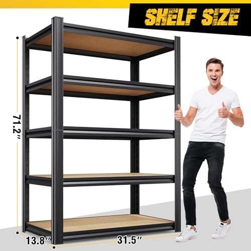 JOJUOU Garage Shelving for Home & Workshop Organization, 5-Tier Adjustable Metal Storage Rack for Tools, Storage Bins & Household Items, Utility Shelf for Garage, Pantry, 71" H x 32" W x 14" D