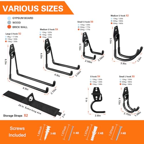 HUPBIPY 26 Pack Garage Hooks Heavy Duty Utility Steel with Anti-Slip Coating Wall Mount Storage Organizer for Hanging Power and Garden Tools, Ladders, Hose, Bikes, Ropes, Bulk Items, and More