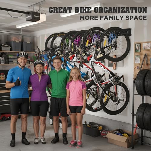HORUSDY Stainless Steel Bike Storage Rack, 6 Bike Storage Hanger Wall Mount and 6 Helmets Hooks for Home & Garage Holds Up to 600lbs, Black