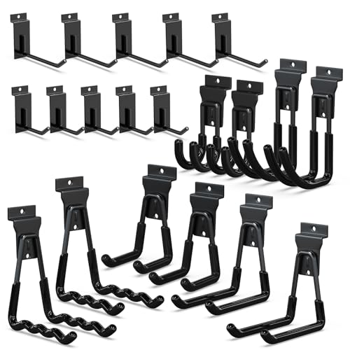 3-H Heavy Duty Slatwall Hooks 20 Pack, Straight & Double Slat Wall Hangers, Extra Thick Backplate for Straight Hooks, Proslat Compatible Garage Storage Organizer(Black)