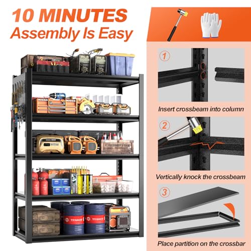 Jaqiumn Metal Garage Shelving Unit, Heavy Duty Adjustable Industrial Storage Shelves, Steel Storage Rack for Garage, Warehouse, Basement, Black, 72" H x 47.2" W x 23.6" D, 1 Pack