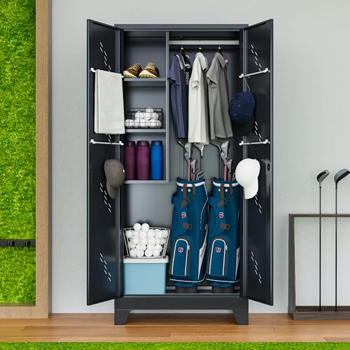 YILFANA Golf Bag Storage Cabinet Fits 2 Bags, Metal Golf Bag Organizer with Lockable Doors, 75" Sports Equipment Organizer for Garage, Home, Office, Gym
