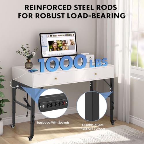 19.6-Inch Depth Workbench Frame, Height Adjustable 28.5" to 33.8",Set of 4 Metal Wheels with Brakes, Heavy Duty Industrial DIY Furniture Legs for Study（Power Outlets/Wheel）