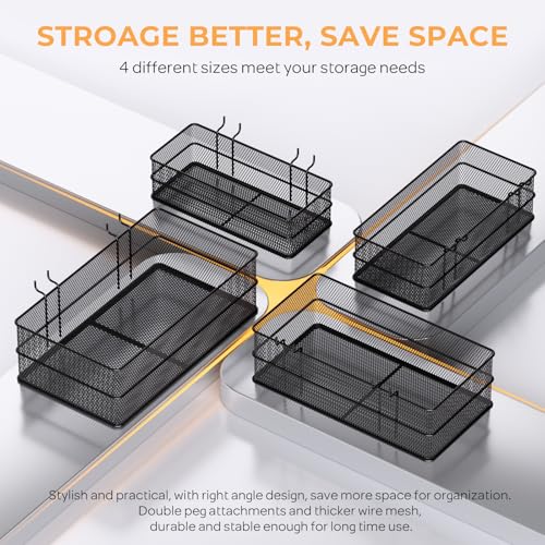 INCLY 4 Pack Upgrade Pegboard Baskets, 4 Sizes Square Style Metal Mesh Pegboard Baskets and Bins, Peg Board Organizer Accessories for Garage Craft Room Office Kitchen