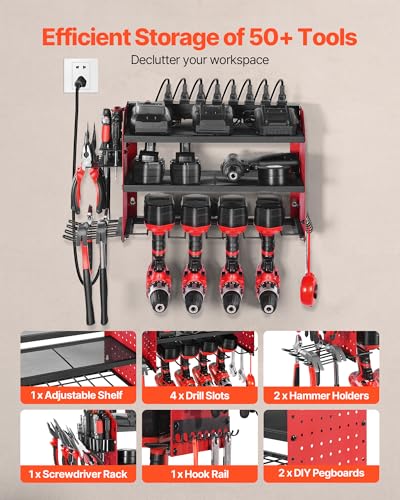 VEVOR Power Tool Organizer with Charging Station, 3-Layer Drill Storage Rack with 4 Drill Holders & Side Pegboard, Garage Tool Organizer Built in 8 Outlet Power Strips for Garage, Workbench, Workshop