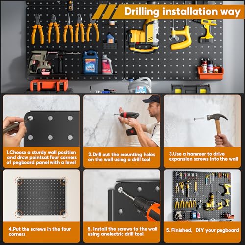 Hogurity Peg Board, 110pcs Metal Pegboard Kit, Includes 4 Pack Black Peg Board Panels with Accessories and Hook Locks, Large Heavy Duty Peg Boards for Walls Home, Garage Tool Storage, Workbench