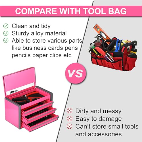 P.I.T. Mini Tool Box 8.6"W X 4.6"D, Portable 3 Drawer Steel Stackable Pink Tool Box with Magnetic Tab Locking, Pink Micro Top Chest with Liner for Tools Storage and Organizers, Home DIY